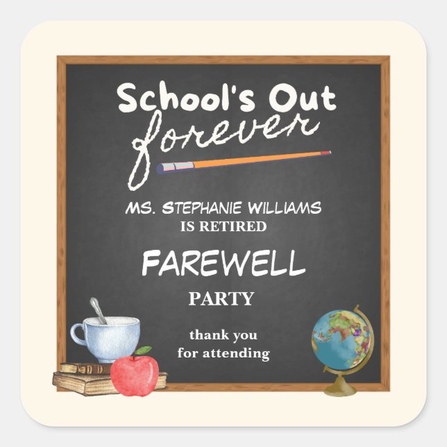 Pegatina Cuadrada Profesor retirado Chalkboard Fiesta de despedida (Anverso)