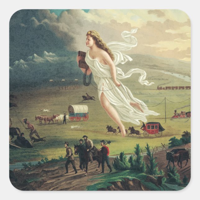 Pegatina Cuadrada Progreso estadounidense por John Gast (Anverso)