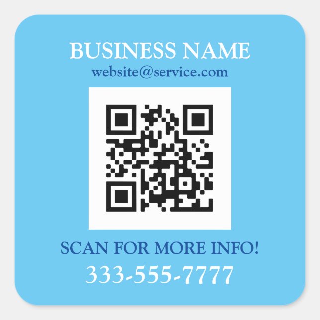 Pegatina Cuadrada Promo de nombre de negocio, código QR, azul cielo  (Anverso)