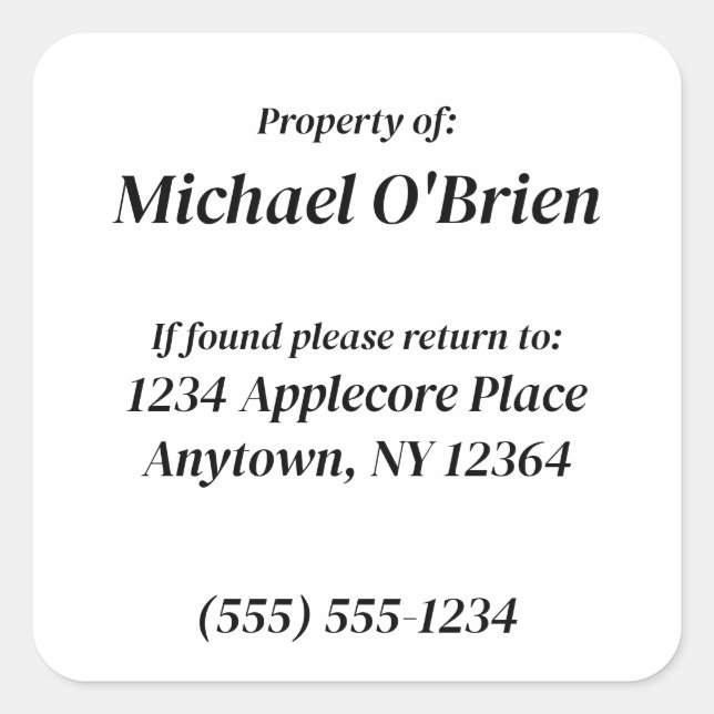 Pegatina Cuadrada Propiedad personalizada de la información del Pers (Anverso)