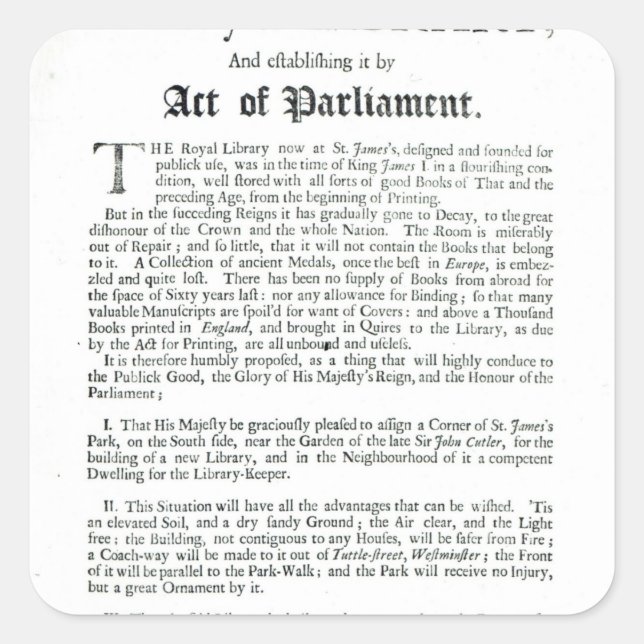 Pegatina Cuadrada Propuesta de construcción de una Biblioteca Real,  (Anverso)
