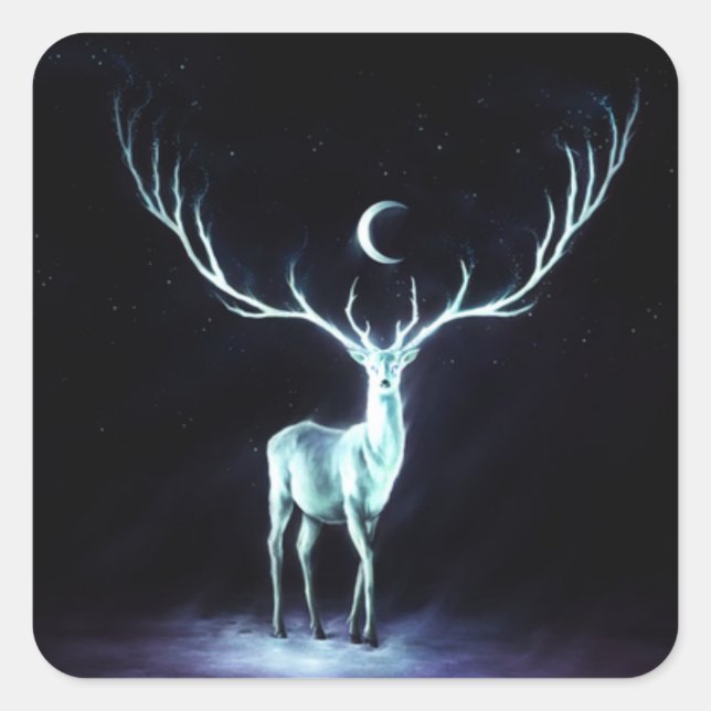Pegatina Cuadrada Protector de venado lunar arte digital (Anverso)