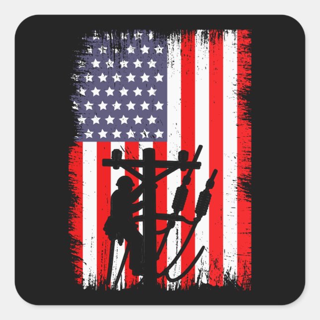 Pegatina Cuadrada Proud American Lineman Patriotic Utility Worker (Anverso)