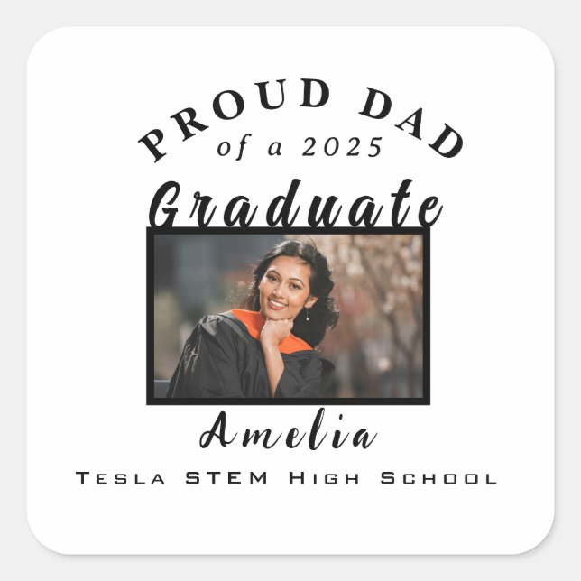 Pegatina Cuadrada Proud Dad Graduation 2025 Custom Photo Gift  (Anverso)
