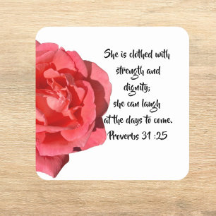 Pegatina Cuadrada Proverbios 31:25 Personalizado Rosa Roja Verse