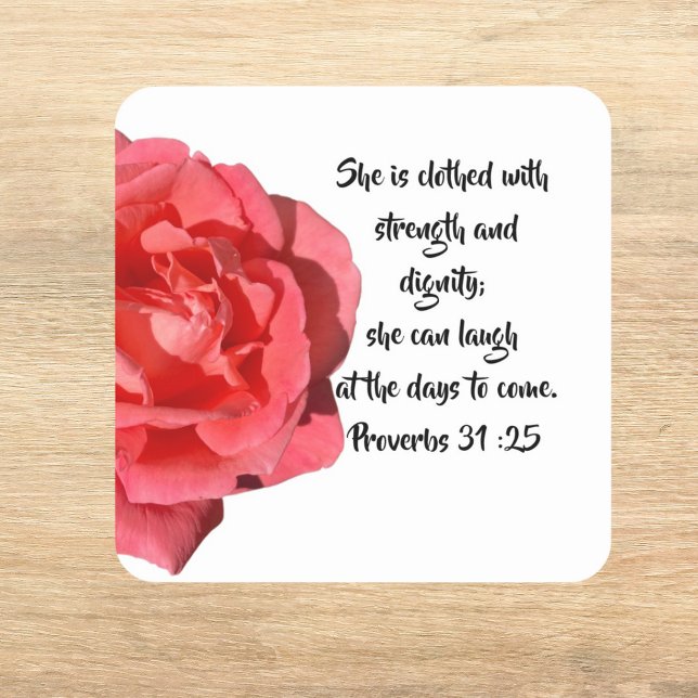 Pegatina Cuadrada Proverbios 31:25  Personalizado Rosa Roja Verse (Subido por el creador)