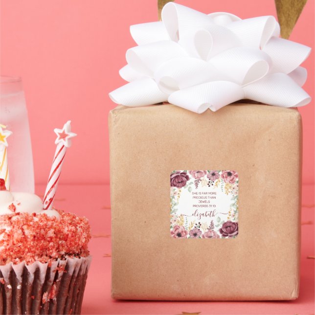 Pegatina Cuadrada Proverbios 31 Flor rosa pastel elegante (Fiesta)