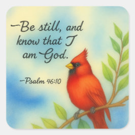 Pegatina Cuadrada Psalm 46:10 Be Still Red Cardinal Scripture Nature