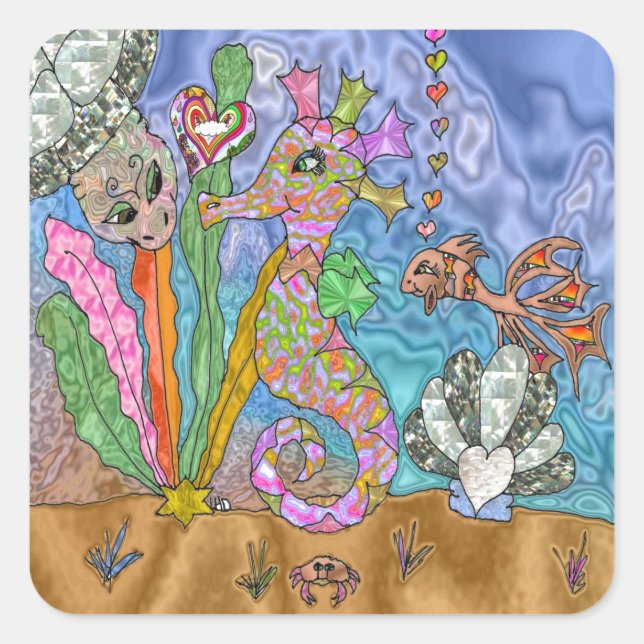 Pegatina Cuadrada Psicodelia Seahorse Sea Turtle Art (Anverso)