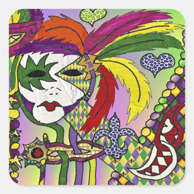 Pegatina Cuadrada Psicodelic Mardi Gras Feather Mask Gifts Appartal (Anverso)