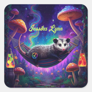 Pegatina Cuadrada Psicodélico Trippy Hippie Opossum Personalizado Pe