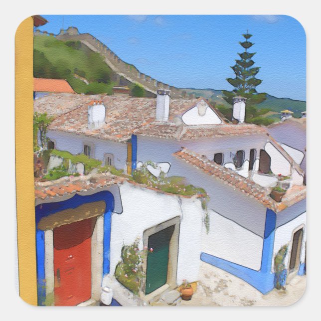 Pegatina Cuadrada Pueblo acuarela (Anverso)