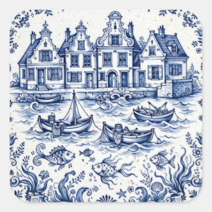 Pegatina Cuadrada Pueblo de Delft y puerto de pesca Cobalto Azul Bla