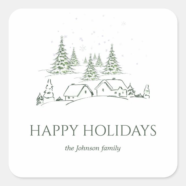 Pegatina Cuadrada Pueblo de Navidades Snowy (Anverso)