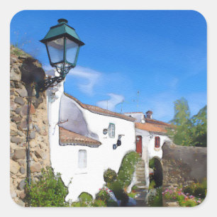 Pegatina Cuadrada Pueblo mediterráneo de acuarela