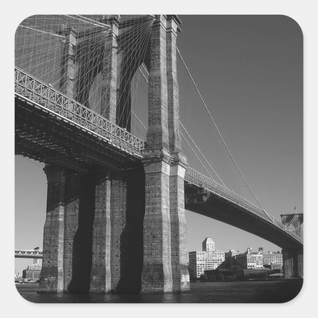 Pegatina Cuadrada Puente de Brooklyn Blanco y Negro (Anverso)