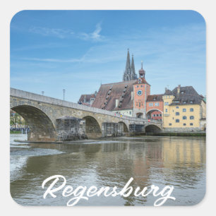 Pegatina Cuadrada Puente de piedra en Regensburg, Alemania