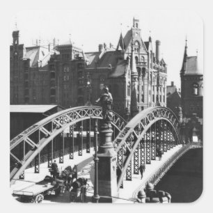 Pegatina Cuadrada Puente en el Speicherstadt Hamburgo, c.1910