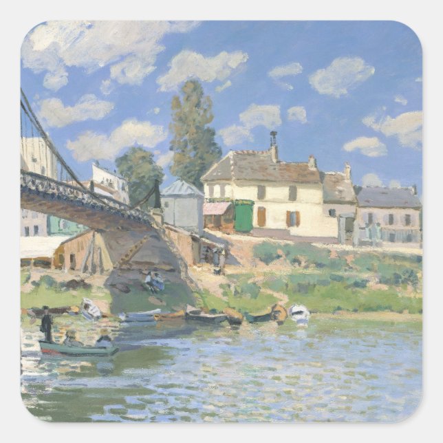 Pegatina Cuadrada Puente en Villeneu por Sisley Impresionist Paint (Anverso)