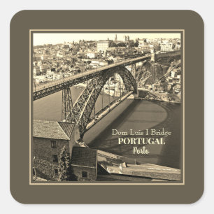 Pegatina Cuadrada Puente Porto sobre el río Douro, Portugal, sepia