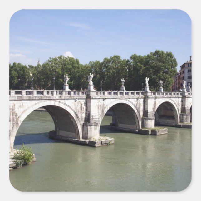 Pegatina Cuadrada Puente sobre el río Tíber, Roma (Italia). Es (Anverso)