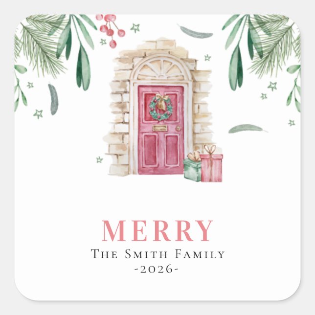 Pegatina Cuadrada Puerta con regalos de Navidades (Anverso)