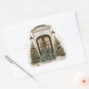 Pegatina Cuadrada Puerta de Brownstone elegante de Navidad