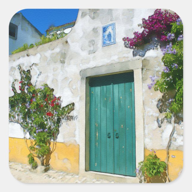 Pegatina Cuadrada Puerta de madera verde color agua (Anverso)