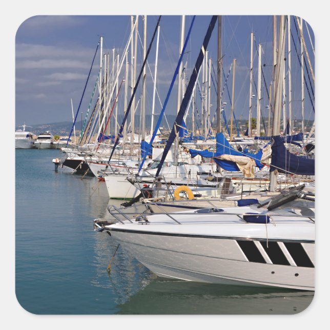 Pegatina Cuadrada Puerto de Cannes en Francia (Anverso)