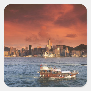 Pegatina Cuadrada Puerto de Hong Kong al atardecer