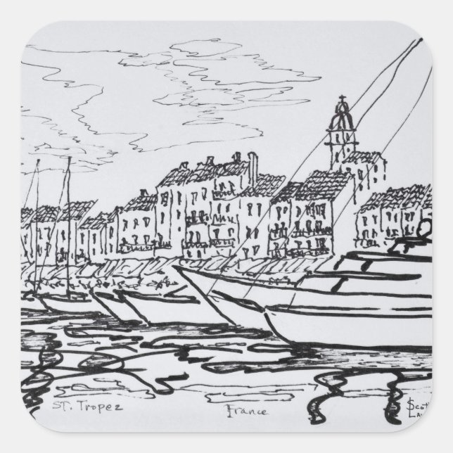 Pegatina Cuadrada Puerto de Saint-Tropez | Riviera francesa, Francia (Anverso)
