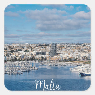 Pegatina Cuadrada Puerto de Sliema con edificios modernos y barcos