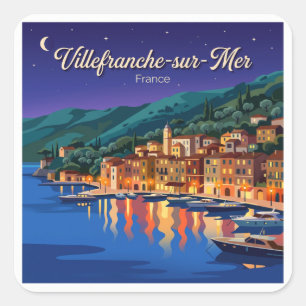 Pegatina Cuadrada Puerto de Villefranche-sur-Mer de noche Francia