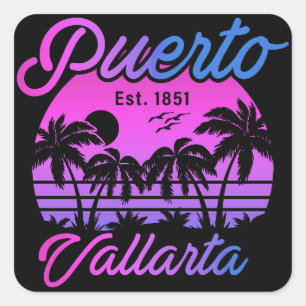 Pegatina Cuadrada Puerto Vallarta Retro Sunset 80 Palm Trees
