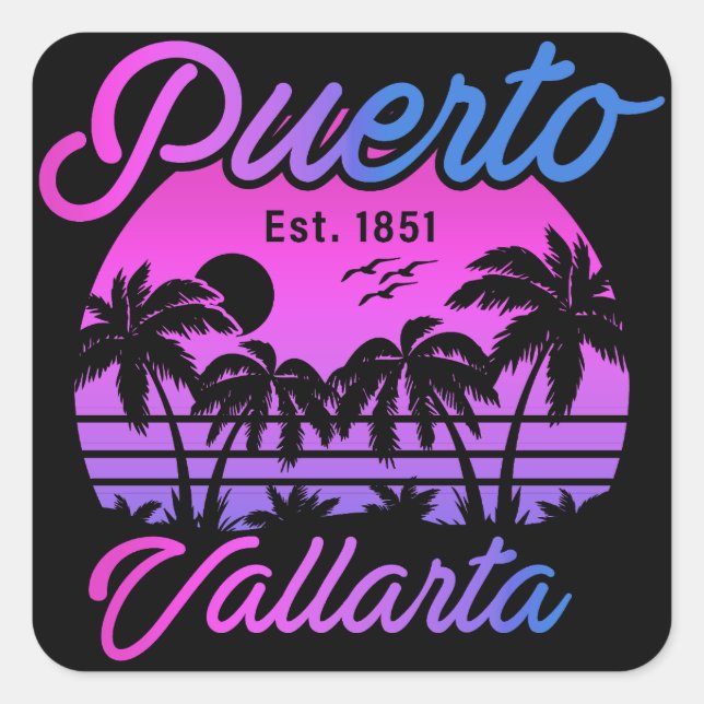 Pegatina Cuadrada Puerto Vallarta Retro Sunset 80 Palm Trees (Anverso)