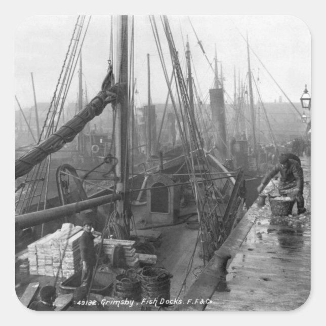 Pegatina Cuadrada Puertos de peces, Grimsby, principios del siglo XX (Anverso)