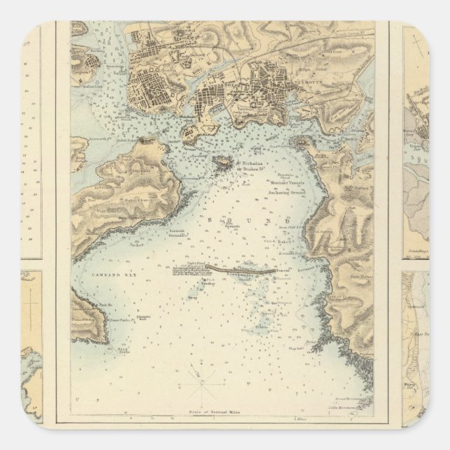 Pegatina Cuadrada Puertos y puertos de la costa sur de Inglaterra (Anverso)