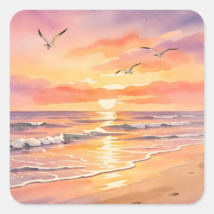 Pegatina Cuadrada Puesta de sol en la playa con pájaros