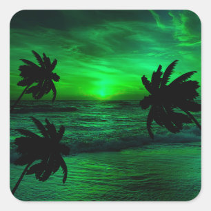Pegatina Cuadrada PUestas de sol VERDES ESCÉNICA OCEÁNICA