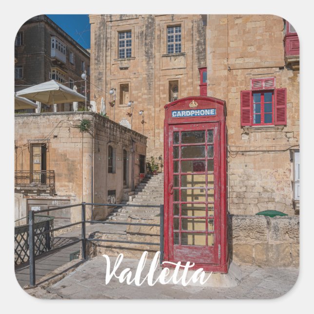 Pegatina Cuadrada Puesto de teléfono rojo en La Valeta Malta (Anverso)