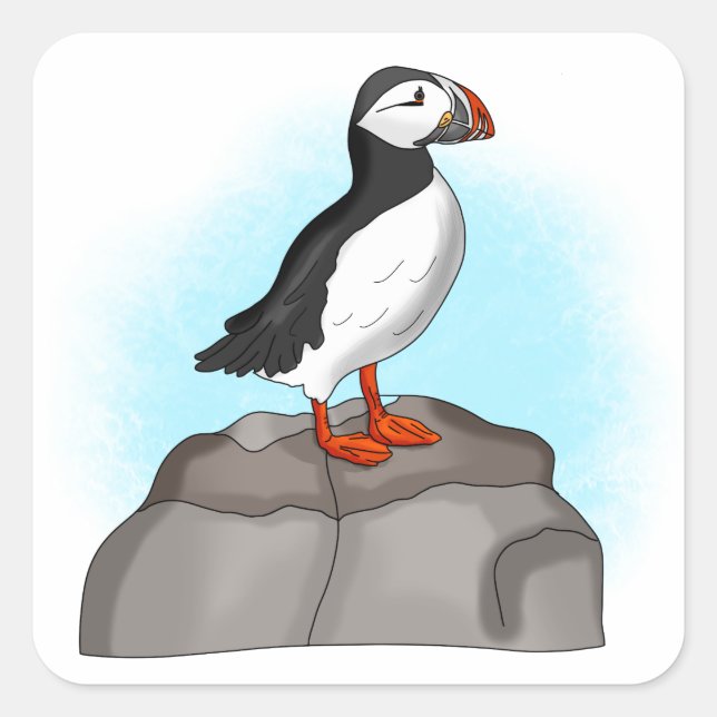Pegatina Cuadrada Puffin dibujado a mano (Anverso)