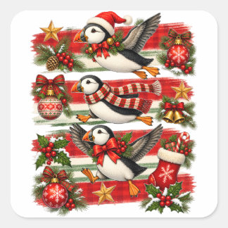 Pegatina Cuadrada Puffín navideño vintage fiesta navideña pájaro
