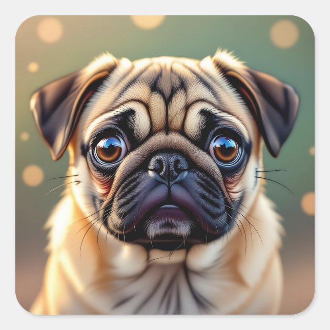 Pegatina Cuadrada Pug Adorable de cerca | Perro Lindo (Anverso)