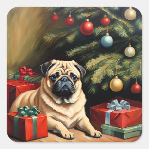 Pegatina Cuadrada Pug celebra a los Navidades