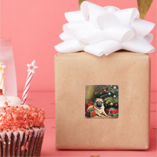 Pegatina Cuadrada Pug celebra la Navidad