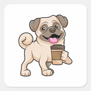 Pegatina Cuadrada Pug con café para ir