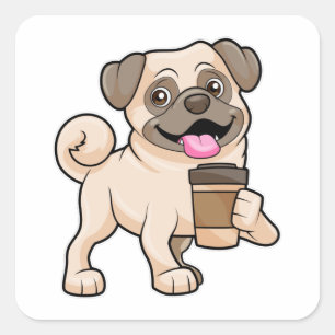 Pegatina Cuadrada Pug con café para ir