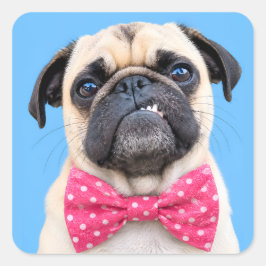 Pegatina Cuadrada Pug con lazo rosa