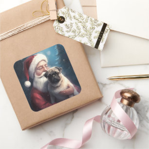 Pegatina Cuadrada Pug Con Santa Claus Festivo Navidad