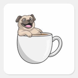 Pegatina Cuadrada Pug con taza de café